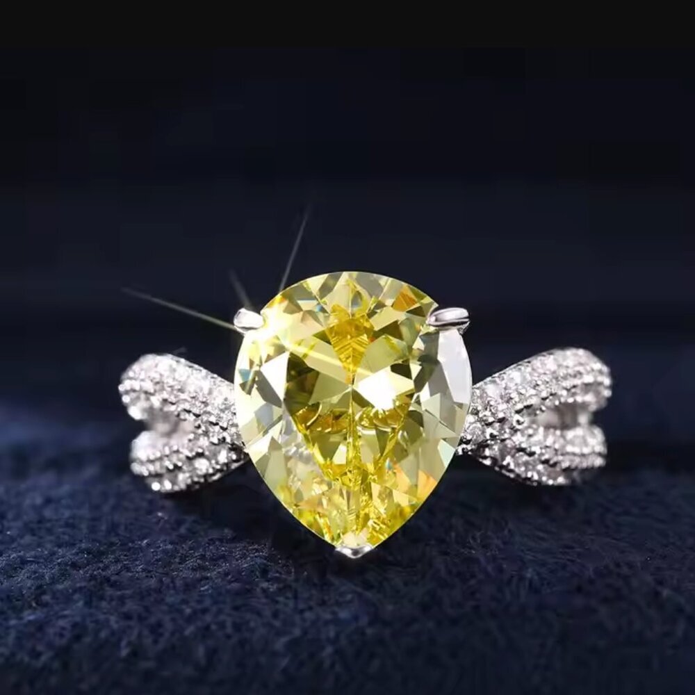 NEW 18k White Gold Citrine Diamond Ring Yellow Teardrop Pear Cut Ring
